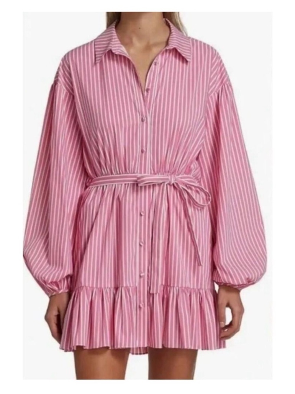 cinq a sept Pink Striped Button-Front Belted Midi Dress